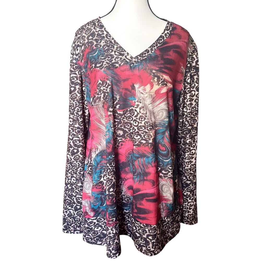 Southern Stitch Top Womens Large V Neck Leopard Feather Stretch Knit Blouse